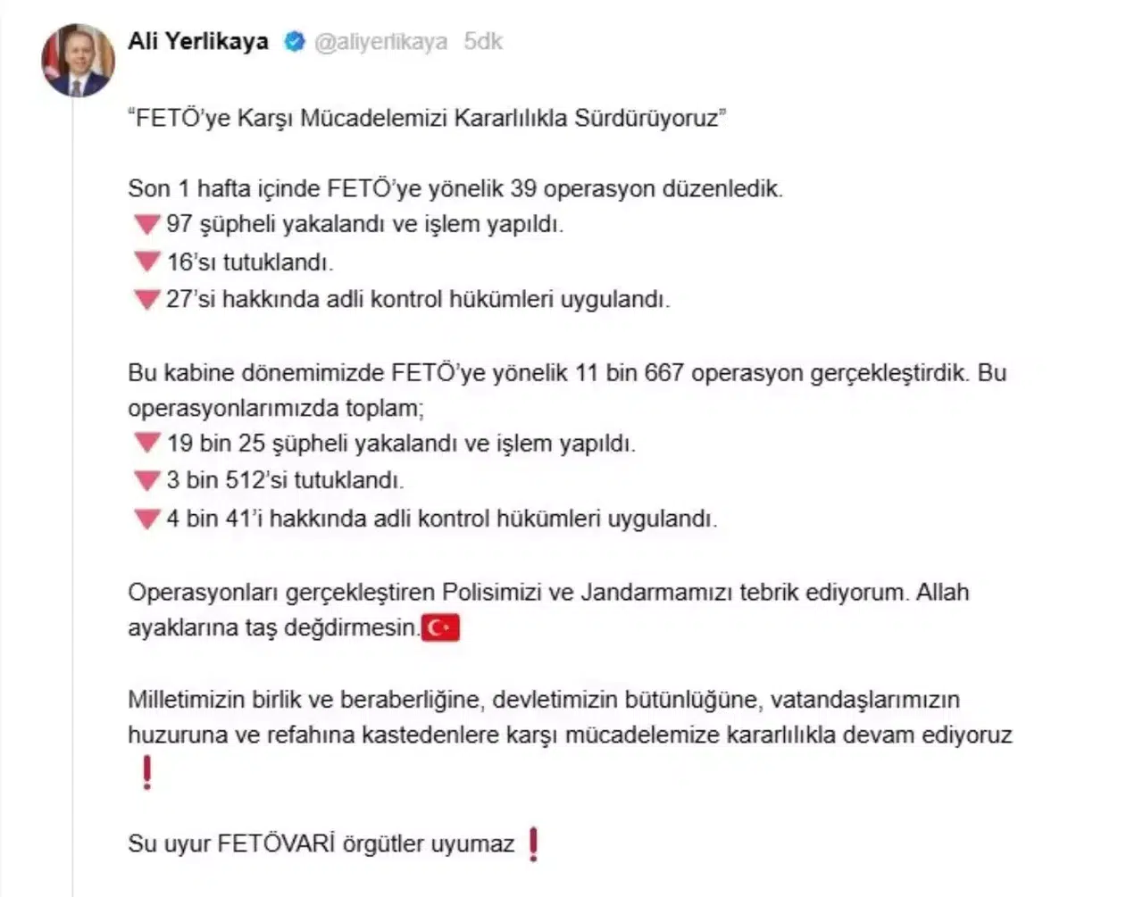 İçişleri Bakanı Yerlikaya: FETÖ'ye Yönelik 39 Operasyon Düzenlendi